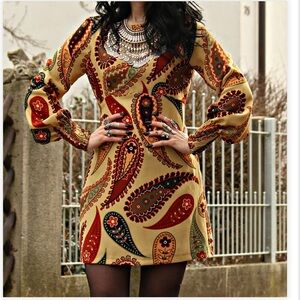 Zara Large Paisley Fall Copper Brown Tan Print Long Sleeve dress